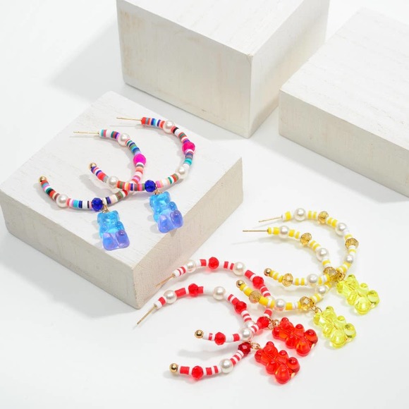 Yellow White Heishi Bead Hoop Earrings with Pearl Bead and Candy Bear Charm - Picture 3 of 3